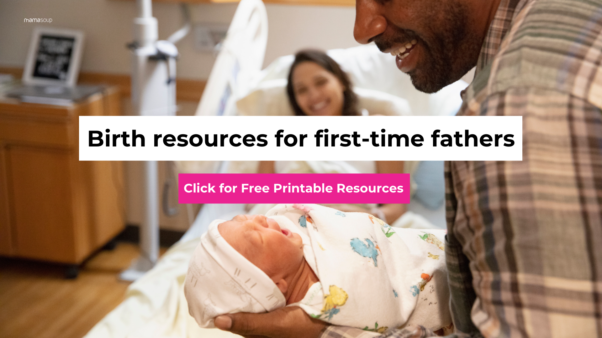 woman laying in hospital bed smiling as first time dad cradles baby after childbirth